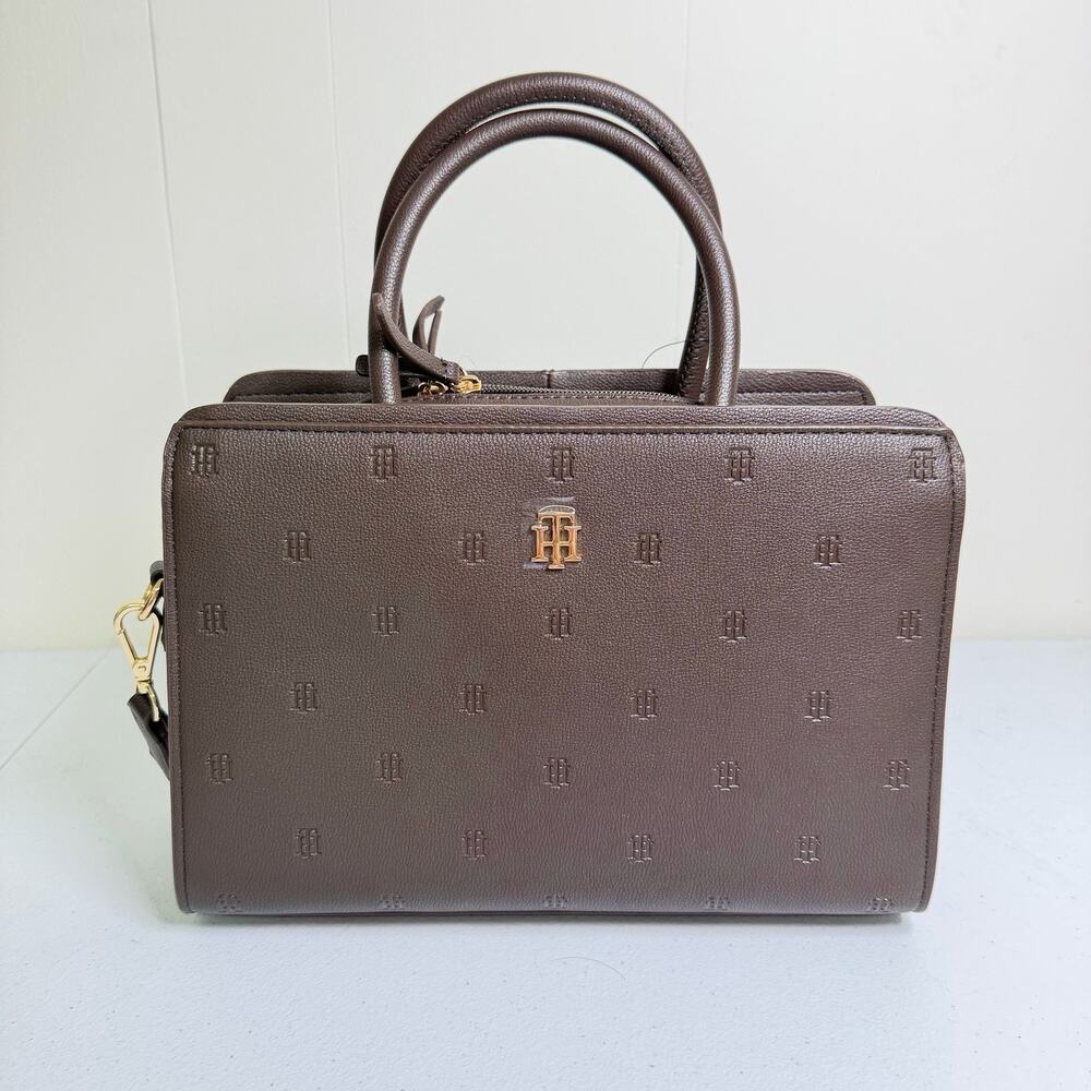 Tommy Hilfiger Brown Monogram Satchel Bag Gold Hardware Top Handle